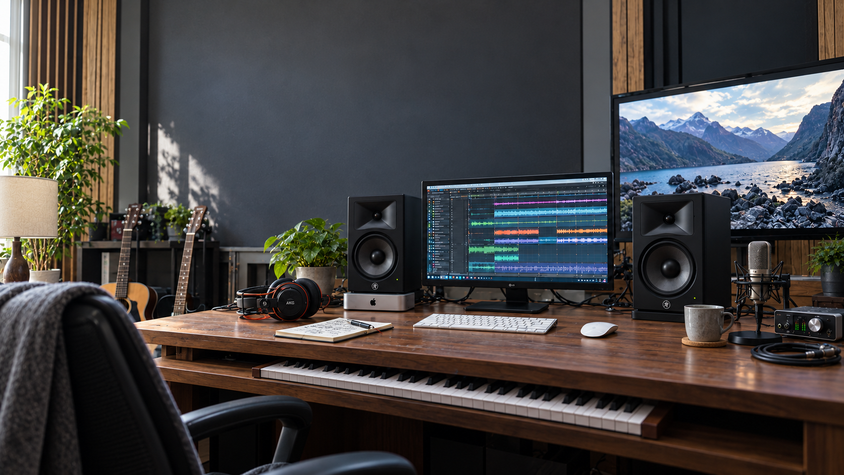 Estudio de composición con monitores de audio, pantalla de edición y teclado bajo el escritorio